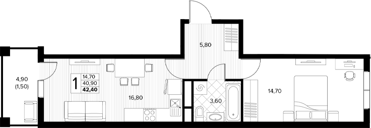 1-комн., 41 м², 2/7 этаж, ЖК «Кипарис»