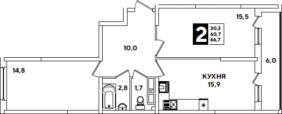 3-комн., 60.7 м², 10/16 этаж, ЖК «Самолет»