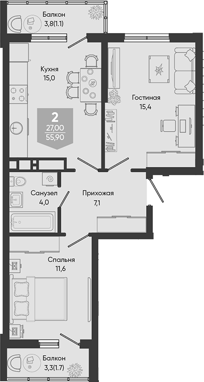 3-комн., 53.1 м², 11/24 этаж, ЖК «Облака»