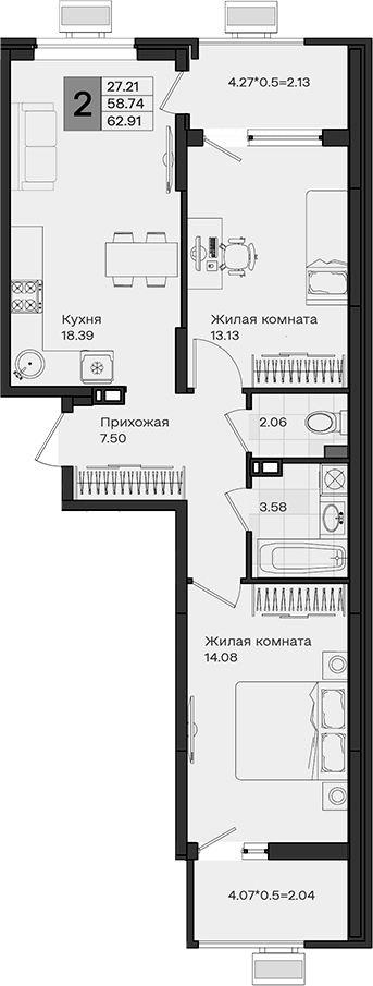 2-комн., 58.74 м², 3/8 этаж, ЖК «МОНО квартал»