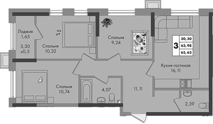 3-комн., 63.98 м², 6/9 этаж, ЖК «Зеленая территория»