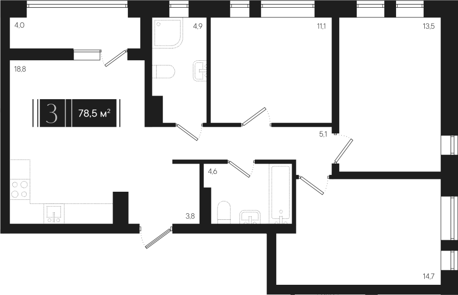 3-комн., 76.5 м², 7/9 этаж, ЖК «Эрмитаж»