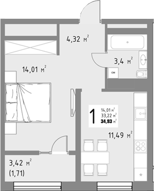 1-комн., 33.22 м², 7/9 этаж, ЖК «Коллекция»