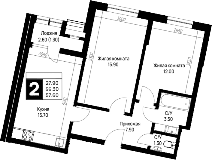 2-комн., 56.3 м², 5/12 этаж, ЖК «На высоком берегу»