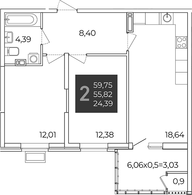 2-комн., 55.82 м², 18/21 этаж, ЖК «Образцово»