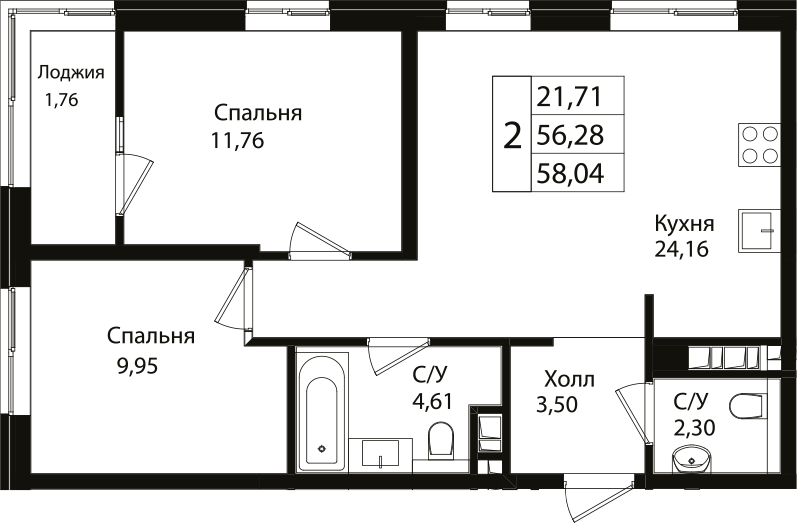 3-комн., 56.28 м², 3/7 этаж, ЖК «Патрики»