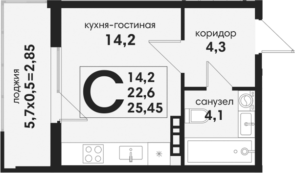 Студия, 22.6 м², 2/4 этаж, ЖК «Новая Елизаветка»