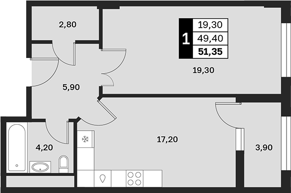 1-комн., 49.4 м², 7/9 этаж, ЖК «Аксис Патриот»