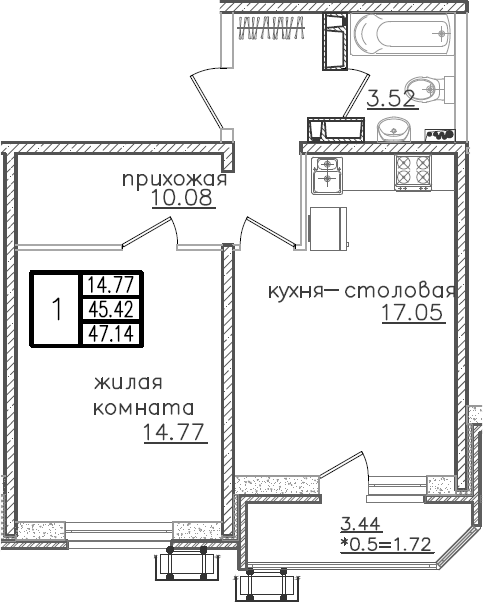 2-комн., 45.42 м², 17/23 этаж, ЖК «Урал»
