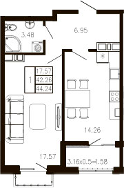 1-комн., 42.62 м², 4/9 этаж, ЖК «Суворов»