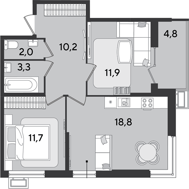 3-комн., 57.9 м², 2/9 этаж, ЖК «Парк Победы»