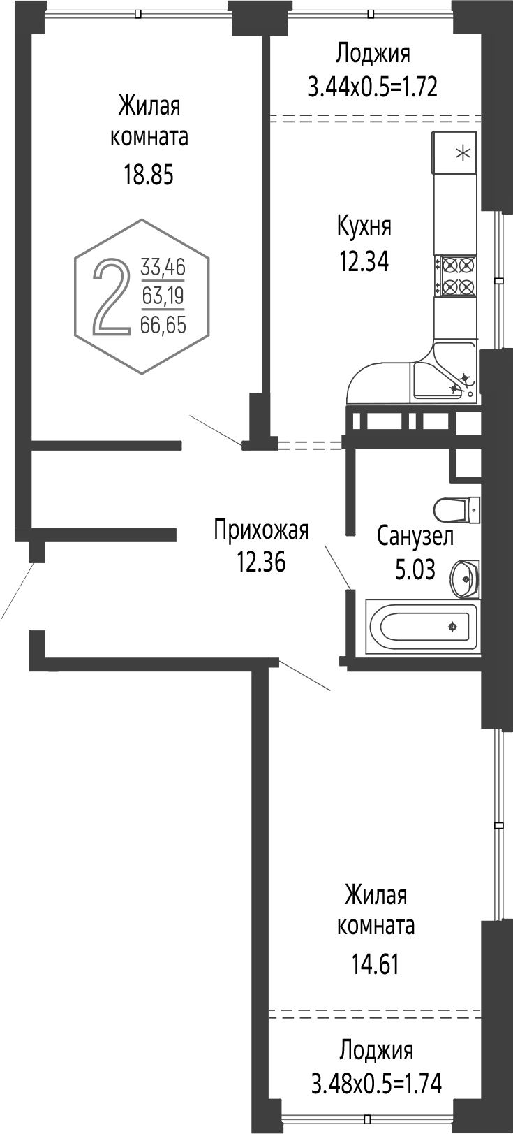 2-комн., 63.19 м², 6/24 этаж, ЖК «Гарантия PRIME»