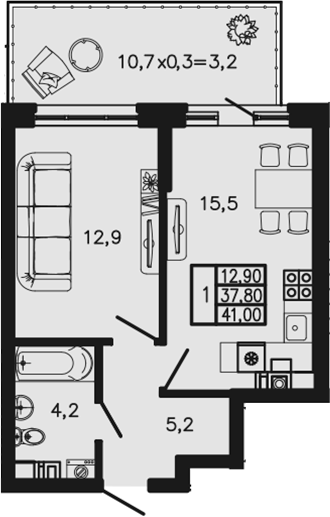 1-комн., 37.8 м², 1/4 этаж, ЖК «Экосфера»