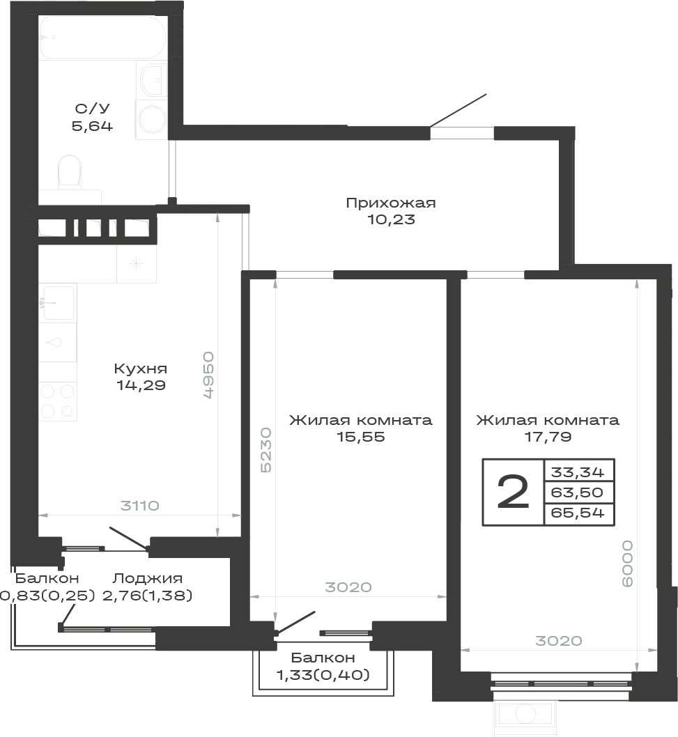 2-комн., 63.5 м², 4/9 этаж, ЖК «Суворов. ГК Во-первых»
