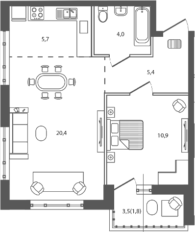 2-комн., 46.4 м², 3/7 этаж, ЖК «Сиреневый бульвар»
