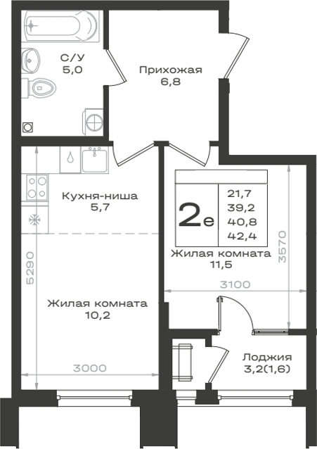 2-комн., 39.2 м², 2/14 этаж, ЖК «Нагория»