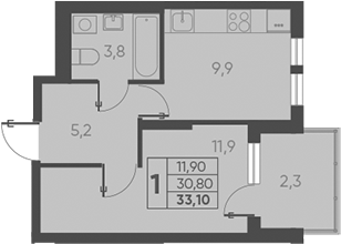 1-комн., 30.8 м², 13/15 этаж, ЖК «Барса»