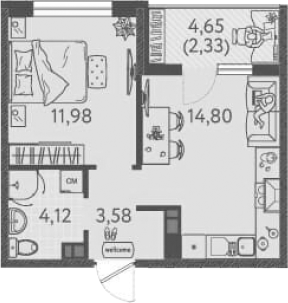 1-комн., 34.48 м², 5/8 этаж, ЖК «Друзья»