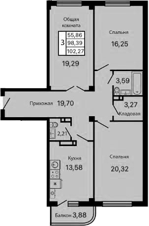 3-комн., 98.39 м², 6/9 этаж, ЖК «Атмосфера»