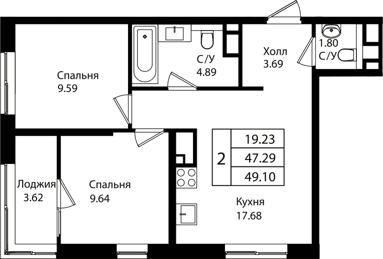 3-комн., 47.29 м², 5/18 этаж, ЖК «Патрики»