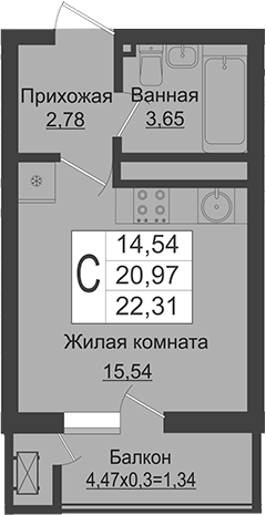 Студия, 20.97 м²