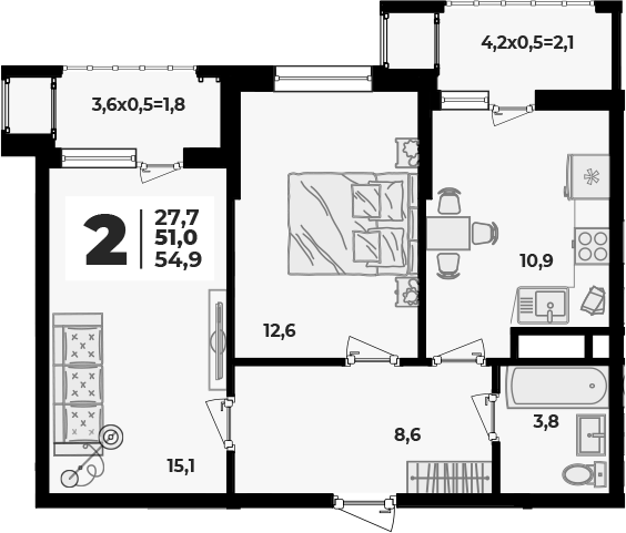 2-комн., 51 м², 6/8 этаж, ЖК «Родной дом 5»