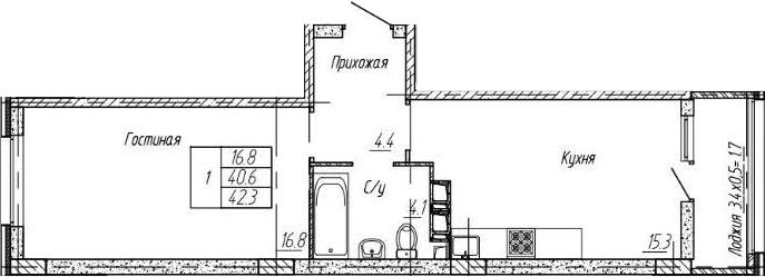 1-комн., 40.6 м², 4/9 этаж, ЖК «Архитектор. ГК ЮгСтройИнвест»