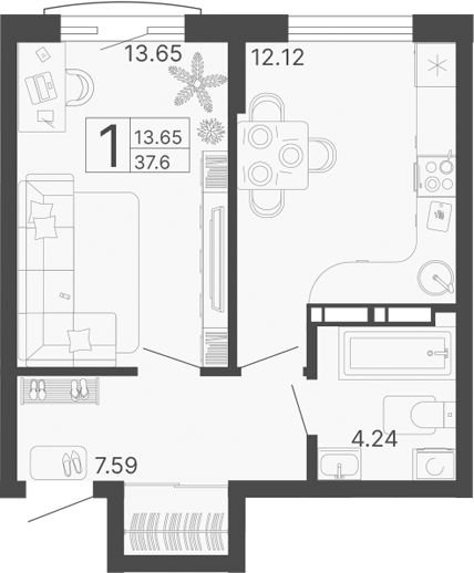 1-комн., 37.6 м², 6/17 этаж, ЖК «Светский лес»