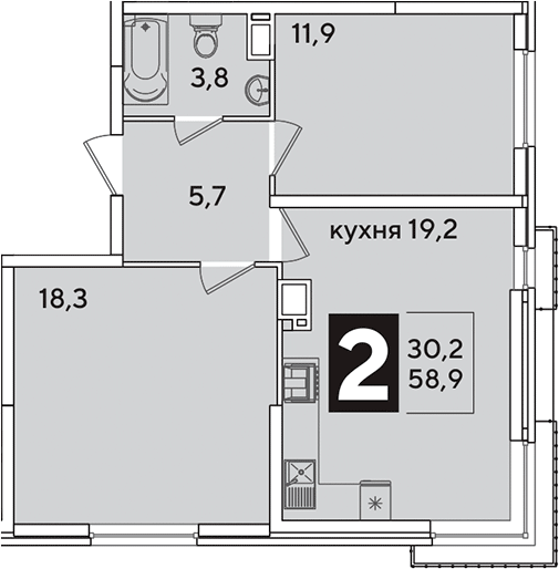 3-комн., 58.9 м², 12/16 этаж, ЖК «Самолет»