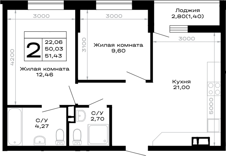 2-комн., 50.03 м², 14/14 этаж, ЖК «Горные высоты»
