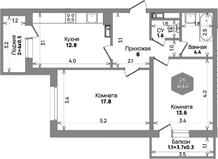 2-комн., 58.2 м², 12/21 этаж, ЖК «Бауинвест»