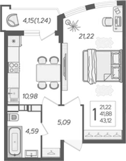 1-комн., 40.76 м², 16/20 этаж, ЖК «Альфа. АСК»