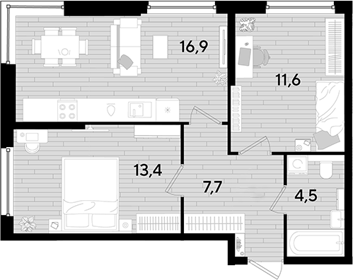 2-комн., 54.1 м², 2/16 этаж, ЖК «DОГМА ПАРК»
