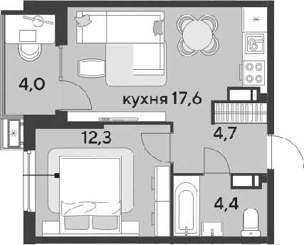 2-комн., 39 м², 13/18 этаж, ЖК «Парк Победы»
