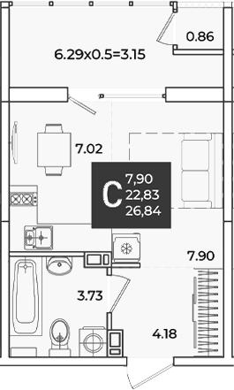 Продается 1-комн. квартира, 22.83 м²