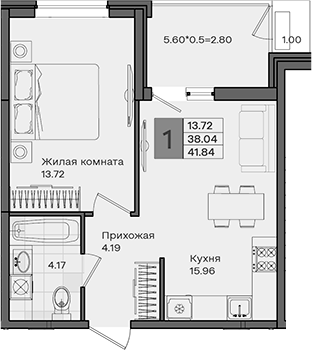 1-комн., 38.04 м², 8/8 этаж, ЖК «МОНО квартал»