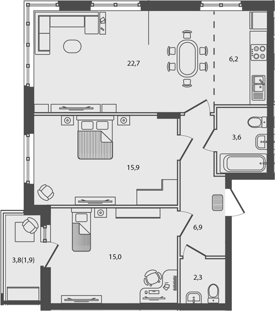 3-комн., 72.6 м², 3/9 этаж, ЖК «Сиреневый бульвар»