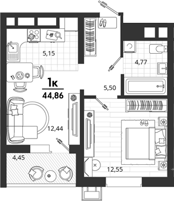 1-комн., 40.41 м², 6/18 этаж, ЖК «Родные Просторы»
