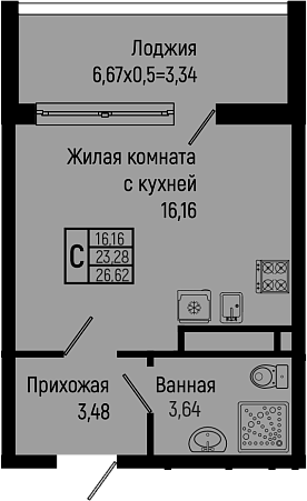 Студия, 23.28 м², 8/16 этаж, ЖК «Sun Hills Ольгинка»