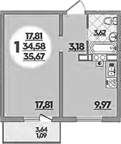 1-комн., 34.58 м², 2/5 этаж, ЖК «Тихорецк»