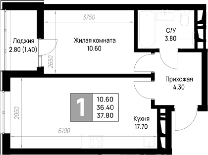 1-комн., 36.4 м², 9/9 этаж, ЖК «На высоком берегу»