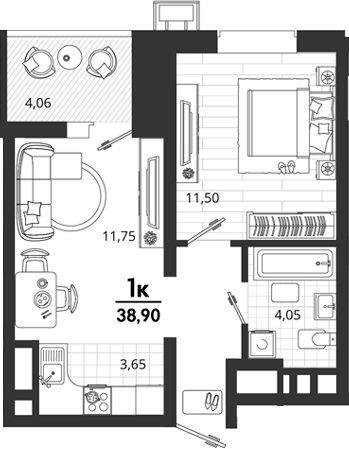 1-комн., 34.84 м², 11/18 этаж, ЖК «Родные Просторы»