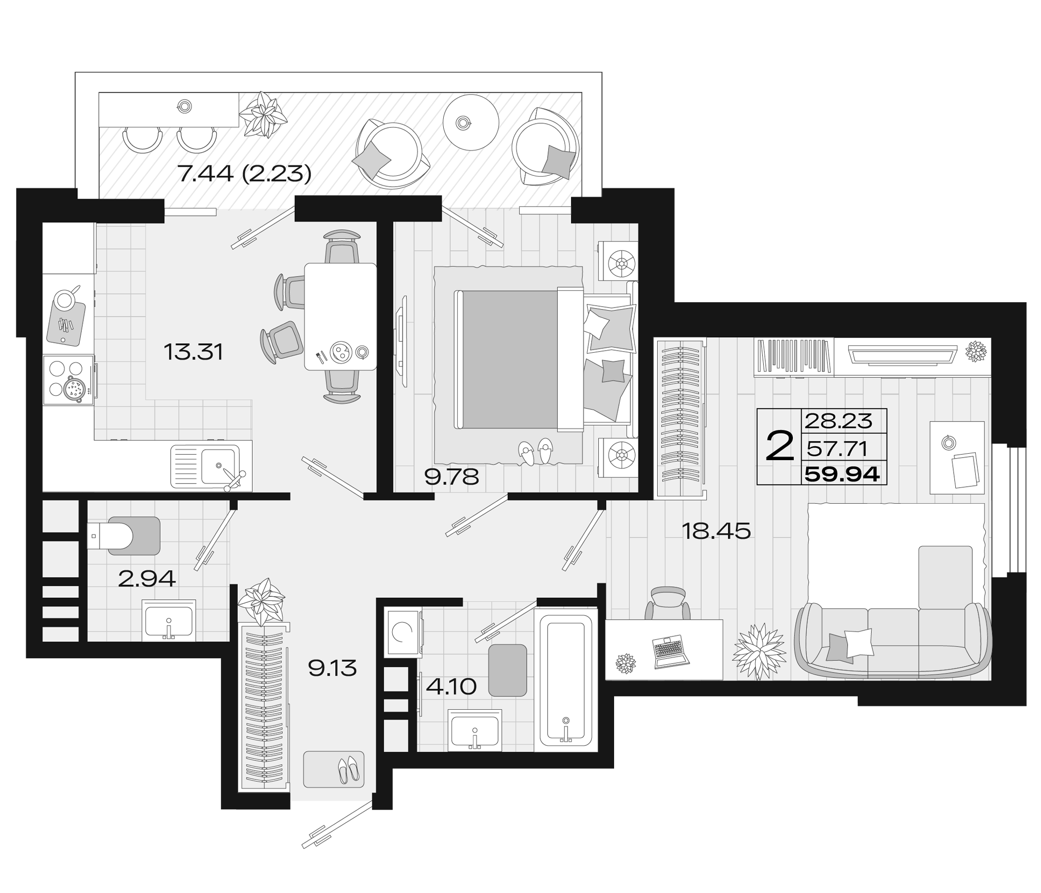 2-комн., 56.07 м², 11/14 этаж, ЖК «Римские Каникулы»