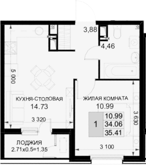 1-комн., 34.06 м², 17/18 этаж, ЖК «Фонтаны»