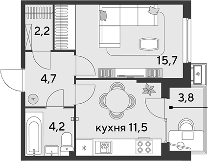 1-комн., 38.3 м², 2/9 этаж, ЖК «Парк Победы»