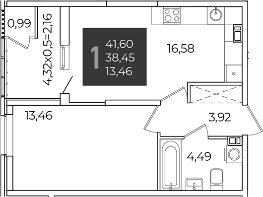1-комн., 38.45 м², 3/21 этаж, ЖК «Образцово»