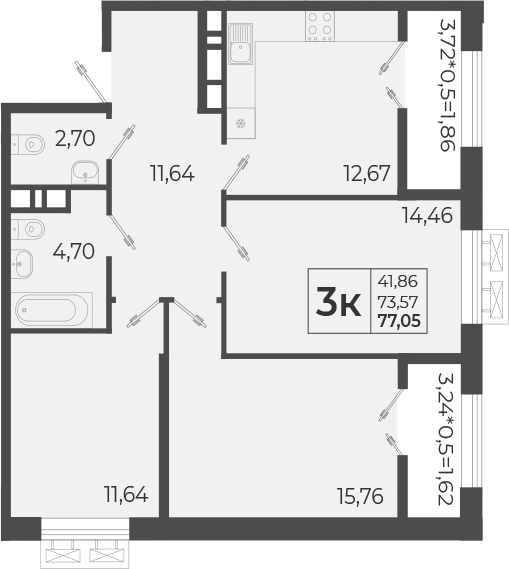 3-комн., 73.57 м², 12/12 этаж, ЖК «Высочество»