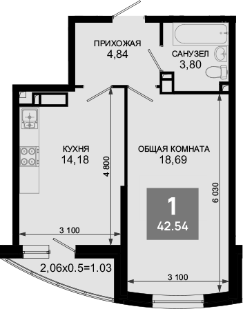 1-комн., 41.51 м², 10/19 этаж, ЖК «Лучший»