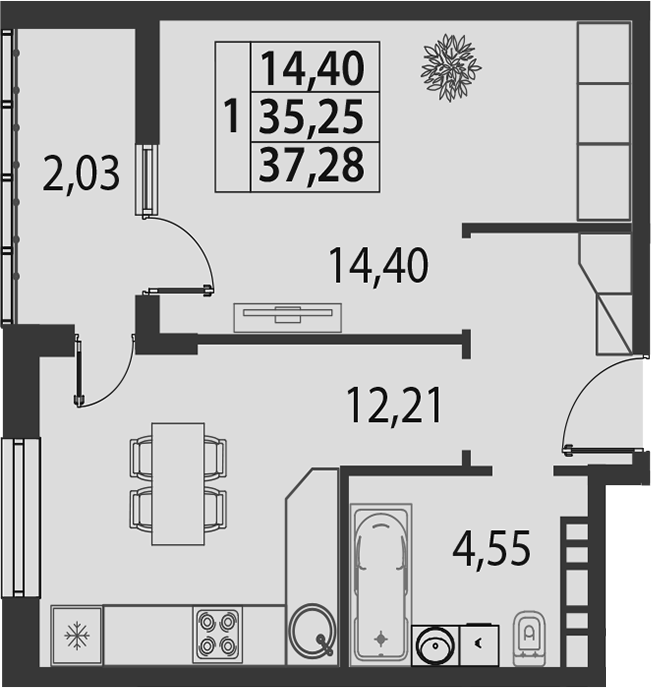 1-комн., 35.25 м²
