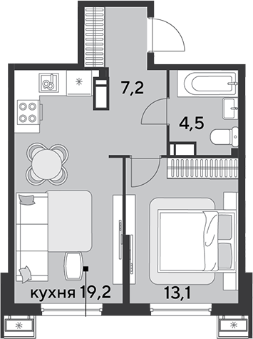 2-комн., 44 м², 13/18 этаж, ЖК «Парк Победы»